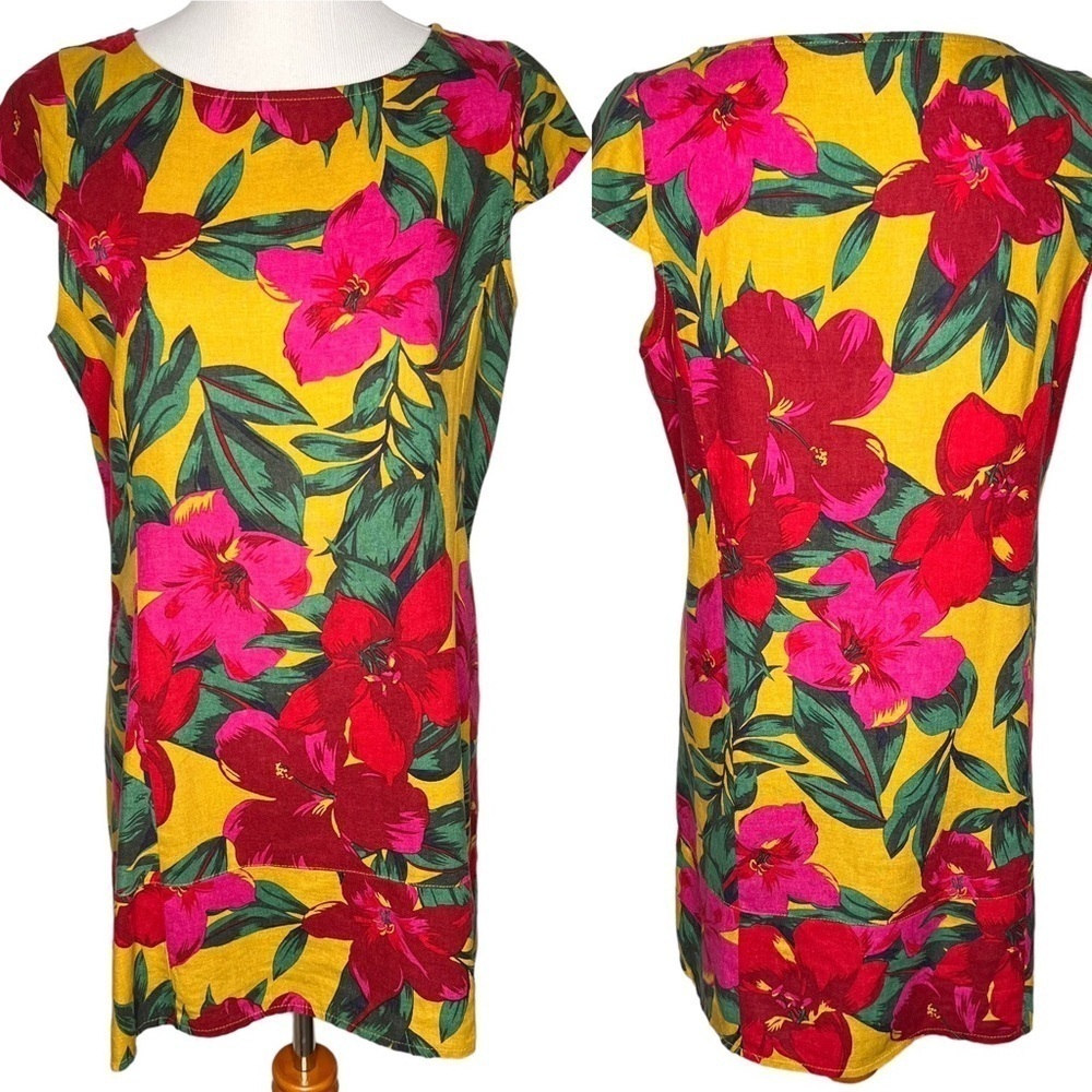 For Cynthia Womens Linen Dress Size Petite Large Hawaiian Tropical Floral Print
